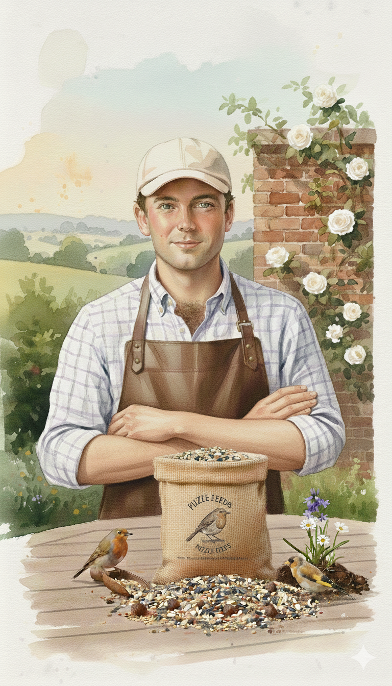 Watercolor illustration of Farmer Tom with a bag of Puzzle Feeds premium bird food, featuring a Robin and Goldfinch in a British garden setting.