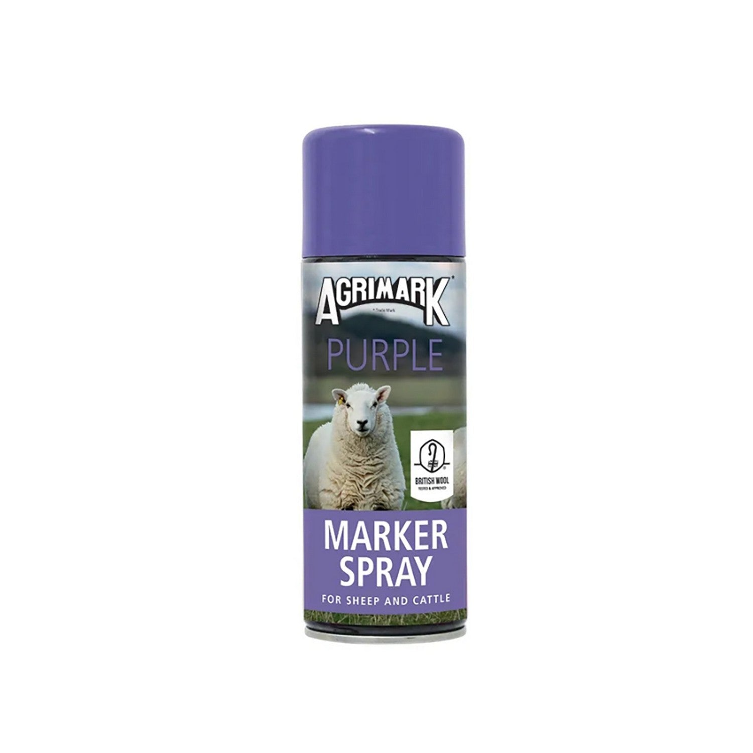 Agrimark purple marker spray can with a sheep image on a white background