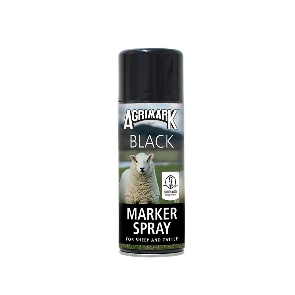 Agrimark black marker spray can with a sheep image on a white background