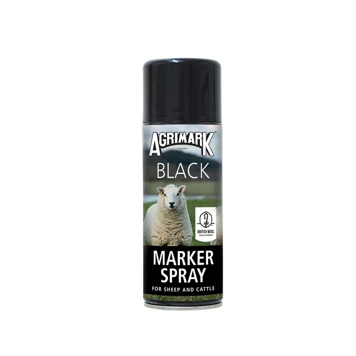 Agrimark black marker spray can with a sheep image on a white background