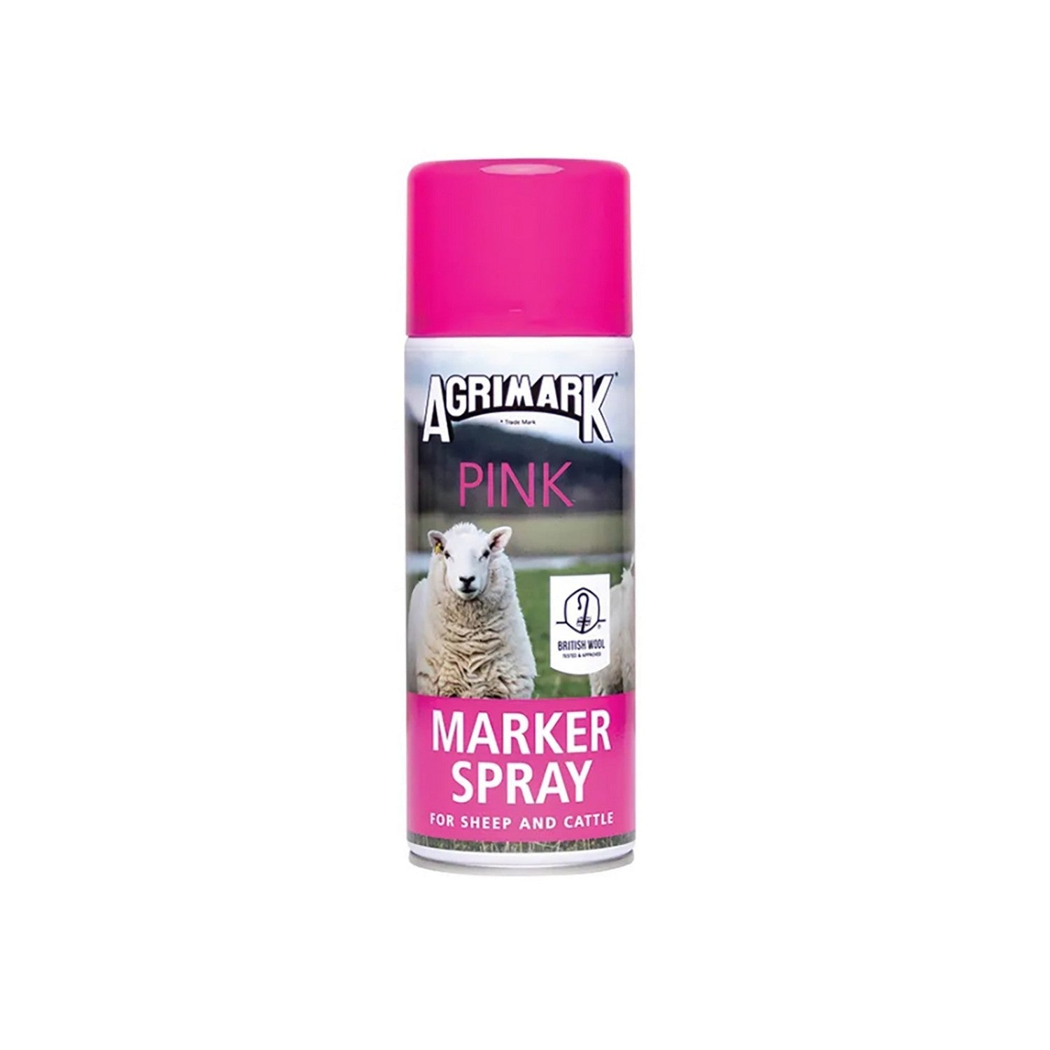 Agrimark pink marker spray can on a white background